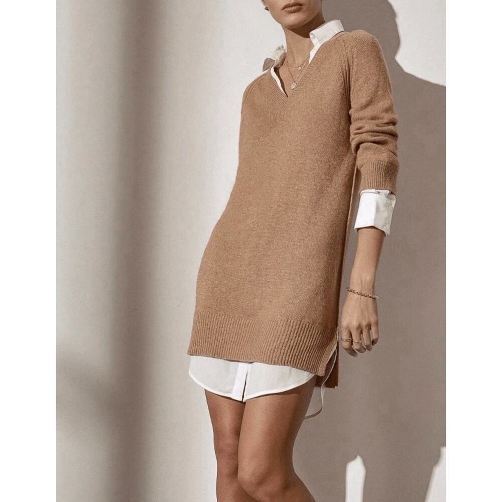 Brochu Walker Cashmere Wool Dress The Looker Layered V-Neck Camel Melange